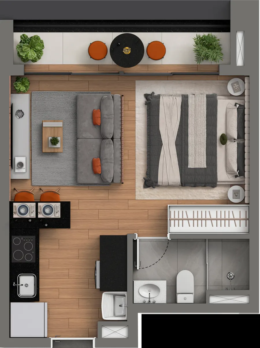 Planta baixa do studio de 32m², finais 06, 07 e 08